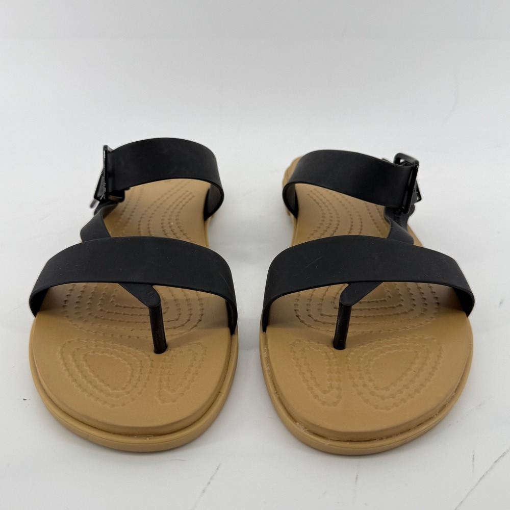 Crocs Tulum Toe Post Toe Sandal Black Tan Women 8 Strappy Slip On Flip Flop - Picture 2 of 9